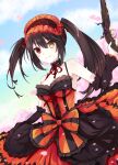  1girl artist_name bangs bare_shoulders black_dress black_hair breasts cherry_blossoms cleavage date_a_live day dress eyebrows_visible_through_hair gun heterochromia highres holding holding_gun holding_weapon long_hair looking_at_viewer multicolored_clothes multicolored_dress orange_dress red_eyes solo spleeny tokisaki_kurumi weapon yellow_eyes 