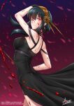  1girl adsouto arm_up black_dress black_hair blood blood_on_clothes blood_on_face blood_on_weapon breasts closed_mouth dagger dress dual_wielding earrings eye_trail floating_hair flower from_side gold_earrings gold_hairband hair_flower hair_ornament highres holding holding_dagger holding_weapon jewelry knife large_breasts long_hair looking_at_viewer looking_to_the_side patreon_username red_eyes rose short_hair_with_long_locks signature solo spikes spy_x_family stiletto_(weapon) twitter_username weapon web_address yor_briar 