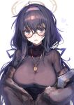  1girl absurdres black_hair blue_archive blush book bra_visible_through_clothes breasts cardigan eyebrows_visible_through_hair glasses hair_between_eyes hairband halo highres inusaka jacket jacket_on_shoulders jewelry large_breasts looking_at_viewer low_twintails necklace older solo sweater turtleneck turtleneck_sweater twintails ui_(blue_archive) 