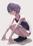  1girl breasts commentary_request grey_eyes grey_hair highres idolmaster idolmaster_cinderella_girls looking_at_viewer nekopuchi otokura_yuuki school_swimsuit shoes short_hair simple_background small_breasts smile sneakers solo squatting swimsuit white_background 
