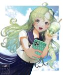  1girl ahoge artist_name blue_sailor_collar blue_skirt blush cellphone drink drinking_straw frog_hair_ornament green_eyes green_hair hair_ornament highres holding holding_drink holding_phone iphone kochiya_sanae long_hair mochacot open_mouth phone pleated_skirt sailor_collar school_uniform serafuku short_sleeves skirt smartphone smile solo starbucks touhou 