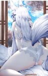  1girl absurdres animal_ears arm_support ass azur_lane bare_arms bra butt_crack cameltoe door feet_out_of_frame flower fox_ears fox_tail from_behind hair_flower hair_ornament hidden_face highres lace lace_bra lace_panties long_hair panties samip shinano_(azur_lane) spread_legs tail thighs underwear white_bra white_hair white_panties white_tail 