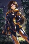  1girl black_bodysuit blush bodysuit breasts brown_hair covered_navel dutch_angle fortified_suit highres holding holding_sheath impossible_bodysuit impossible_clothes katana kurione_(zassou) long_hair medium_breasts muvluv muvluv_alternative muvluv_total_eclipse outdoors pilot_suit purple_eyes sheath shiny shiny_clothes shiny_hair solo standing sword takamura_yui weapon 