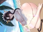  1girl absurdres ass beach black_hair blush braid breasts brown_eyes censored completely_nude curvy highres huge_breasts inverted_nipples large_breasts last_origin long_hair lying mosaic_censoring nude ocean on_side open_mouth palm_tree pussy sand side_braid single_braid tongtangtong tree very_long_hair water 