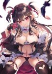  1girl bare_shoulders black_gloves black_hair black_legwear black_panties black_skirt blurry breasts cleavage closed_mouth detached_collar feathers garter_straps gloves groin hair_ornament hairclip hand_up highres kedama_milk large_breasts long_hair long_sleeves looking_at_viewer midriff navel off_shoulder original panties pointy_ears puffy_sleeves red_eyes revealing_clothes showgirl_skirt sidelocks skindentation skirt solo stomach string_panties suspenders thighhighs two_side_up underwear very_long_hair 