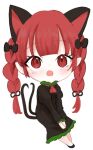  1girl :o animal_ears ao_orin_ringo bangs black_dress blunt_bangs blush bow braid cat_ears cat_tail chibi dress extra_ears eyebrows_visible_through_hair green_dress hair_bow kaenbyou_rin long_hair long_sleeves looking_at_viewer multiple_tails nekomata open_mouth pointy_ears red_eyes red_hair solo tail touhou twin_braids twintails two_tails v_arms 