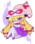  1girl blonde_hair bow dress floating frilled_dress frills hair_bow hat hat_ribbon high_heels highres long_hair long_sleeves mob_cap neck_ribbon one_eye_closed op_na_yarou purple_dress purple_eyes purple_footwear red_bow red_ribbon ribbon sidelocks simple_background sitting smile solo touhou very_long_hair white_background white_headwear white_legwear yakumo_yukari 