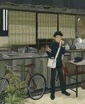  1boy 23011620x ace_attorney bicycle black_eyes black_hair bun_(food) eating gakuran ground_vehicle hat hat_removed headwear_removed highres male_focus ryunosuke_naruhodo school_uniform solo the_great_ace_attorney 
