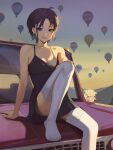  1girl ahoge aircraft asakura_toru bangs bare_shoulders black_dress black_hair blue_eyes blue_hair breasts car collarbone dress earrings eyebrows_visible_through_hair gradient_hair grin ground_vehicle highres hot_air_balloon idolmaster idolmaster_shiny_colors jewelry looking_at_viewer motor_vehicle multicolored_hair outdoors parted_bangs short_hair sitting sitting_on_car small_breasts smile solo spung thighhighs white_legwear 