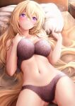  1girl ass_visible_through_thighs bed bed_sheet black_bra black_panties black_survival blonde_hair blush bra breasts chinese_commentary commentary_request eva_(black_survival) hair_between_eyes hand_on_own_chest highres lace lace_bra lace_panties large_breasts linea_alba long_hair looking_at_viewer lying medium_breasts navel on_back panties parted_lips pillow pillow_grab purple_eyes royboy solo thighs underwear underwear_only 