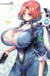  1girl bangs blush bodysuit breasts closed_mouth clover clover_print collar floral_background flower fortune_(last_origin) four-leaf_clover highres huge_breasts last_origin looking_at_viewer mechanical_arms parted_bangs red_eyes red_hair shiny shiny_clothes shiny_hair shiny_skin shirt short_hair single_mechanical_arm smile tight tight_shirt umigarasu_(kitsune1963) wet 