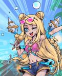  1girl :d arm_cuffs bangs bare_shoulders blonde_hair blue_shorts bracelet braid breasts cowboy_shot day double_bun emphasis_lines eyewear_on_head holding holding_microphone jewelry league_of_legends long_hair medium_breasts microphone navel necklace ocean_song_seraphine one_eye_closed open_mouth outdoors people phantom_ix_row seraphine_(league_of_legends) shorts smile solo_focus stomach sunglasses teeth upper_teeth 