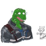  absurd_res alternate_costume anthro beastars bodily_fluids canid canine canis clothing clothing_swap dorohedoro duo efradraws gosha_(beastars) hi_res jacket kaiman_(dorohedoro) knife komodo_dragon legoshi_(beastars) lizard male male/male mammal marker_(artwork) monitor_lizard pen_(artwork) reptile scales scalie simple_background sweat sweatdrop tail_motion tailwag topwear traditional_media_(artwork) wolf 