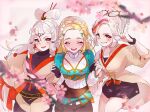  3girls \m/ ^_^ absurdres bangs blonde_hair blush braid breasts closed_eyes eyewear_on_head facial_mark forehead_mark glasses gloves hair_ornament hair_stick hairclip highres hyrule_warriors:_age_of_calamity impa locked_arms long_hair looking_at_viewer makeup mozmozmoz multicolored_hair multiple_girls open_mouth pointy_ears princess_zelda purah red-framed_eyewear red_eyes sheikah short_hair smile streaked_hair the_legend_of_zelda the_legend_of_zelda:_breath_of_the_wild white_hair 