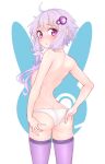  1girl aho_whale ass back blush breasts from_behind hair_ornament highres long_hair looking_at_viewer looking_back panties purple_eyes purple_hair purple_legwear sidelocks small_breasts solo standing thighhighs topless underwear voiceroid white_background white_panties yuzuki_yukari 