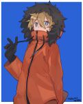  absurdres arm_behind_back blue_background blue_eyes brown_hair coat copyright_name gloves highres hood hood_up kenny_mccormick looking_at_viewer parka short_hair simple_background solo south_park toukashi_(2tou9) 