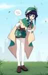  1boy :3 androgynous aqua_eyes aqua_hair beret black_hair braid brown_footwear capelet day english_text flower frilled_sleeves frills full_body genshin_impact gradient_hair green_capelet green_headwear green_shorts hat hat_flower highres leaf long_sleeves looking_at_viewer multicolored_hair netapai1 open_mouth outdoors pantyhose puffy_shorts short_hair_with_long_locks shorts standing twin_braids venti_(genshin_impact) vision_(genshin_impact) white_legwear 