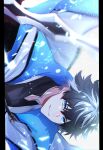  1boy amata1006 black_hair blue_cloak blue_eyes charlemagne_(fate) cloak commentary_request fate/extella fate/extella_link fate/extra fate/grand_order fate_(series) high_collar highres light_particles long_sleeves looking_at_viewer male_focus multicolored_hair short_hair signature smile solo teeth twitter_username two-tone_hair upper_body white_cloak white_hair 