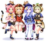  4girls :d animal_ears animal_print arms_up backpack bag bangs bangs_pinned_back bead_bracelet beads belt black_scarf bloomers blunt_bangs boots bracelet braid brown_footwear brown_gloves brown_scarf cabbie_hat cat_ears cat_girl cat_print cat_tail chinese_clothes clover_print coat coin_hair_ornament commentary_request detached_sleeves diona_(genshin_impact) eyebrows_visible_through_hair fake_animal_ears fake_tail fishnets forehead full_body genshin_impact gloves green_hair grey_hair hair_between_eyes hair_ribbon hat hat_feather hat_ornament highres jewelry jiangshi jumping klee_(genshin_impact) knee_boots kneehighs kuji-in leaf leaf_on_head light_brown_hair long_hair long_sleeves looking_at_viewer low_ponytail low_twintails midriff multiple_girls navel ofuda orange_eyes parted_lips paw_pose paw_print pink_hair pocket purple_eyes purple_hair qing_guanmao qiqi_(genshin_impact) raccoon_ears raccoon_hood raccoon_tail red_coat red_eyes red_headwear rena_(riries) ribbon sayu_(genshin_impact) scarf short_hair short_sleeves shuriken sidelocks single_braid smile standing standing_on_one_leg tail thick_eyebrows toeless_footwear twintails underwear weapon white_background white_legwear 