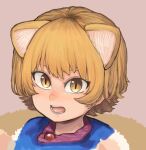  1girl animal_ears bangs blonde_hair chanta_(ayatakaoisii) eyebrows_visible_through_hair face no_hat no_headwear open_mouth portrait short_hair simple_background slit_pupils solo teeth tongue touhou yakumo_ran yellow_eyes 