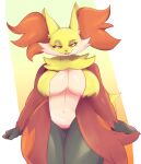  absurd_res anthro big_breasts breasts delphox featureless_crotch female fur gikoko hi_res nintendo pok&eacute;mon pok&eacute;mon_(species) red_body red_fur smile solo thick_thighs video_games wide_hips yellow_body yellow_fur 