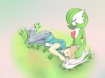  2022 3_fingers blonde_hair blush blush_stickers clothing duo eyes_closed female fingers gardevoir grass green_hair hair hair_over_eye hand_on_head head_on_lap head_pat hi_res human humanoid lap_pillow lying_on_ground male mammal nintendo on_lap one_eye_obstructed plant pok&eacute;mon pok&eacute;mon_(species) renv simple_background sleeping smile video_games 