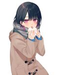  1girl achiki bangs black_hair blunt_bangs blush brown_coat coat eyebrows_visible_through_hair food grey_scarf hair_between_eyes highres holding holding_food looking_at_viewer open_mouth original purple_eyes scarf simple_background solo white_background 