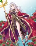  1girl :d bangs bare_legs bare_shoulders black_dress black_gloves bridal_gauntlets circlet coat dress earrings eyebrows_visible_through_hair fire_emblem fire_emblem:_radiant_dawn fire_emblem_cipher fire_emblem_heroes flower full_body gloves gradient gradient_background grey_hair half_updo high_heels highres holding holding_staff jewelry kakiko210 long_hair looking_at_viewer micaiah_(fire_emblem) official_alternate_costume open_mouth red_coat red_flower rose side_slit simple_background sleeveless sleeveless_dress smile solo staff star_(symbol) yellow_eyes 