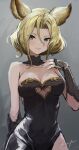  1girl animal_ears arm_at_side bangs bare_shoulders black_dress black_gloves blonde_hair blue_eyes blush breasts cleavage clothing_cutout covered_navel dated detached_collar dress elea_(granblue_fantasy) fingerless_gloves gloves granblue_fantasy hand_up looking_at_viewer medium_breasts parted_bangs parted_lips punished_pigeon short_hair side_slit signature smile solo strapless strapless_dress teeth underboob_cutout upper_body 