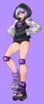  1girl bangs black_hoodie black_shorts blue_hair decepticon eyebrows_visible_through_hair hand_in_pocket highres hood hoodie humanization kageyama_shinobi knee_pads motormaster parted_bangs purple_background purple_eyes roller_skates short_shorts shorts skates solo transformers 