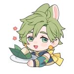  1boy animal_ears chibi detached_sleeves earrings flower food green_eyes green_hair highres holding holding_food holding_plate jewelry long_sleeves looking_at_viewer male_focus muoi40826967 nu_carnival olivine_(nu_carnival) open_mouth pink_flower plate rabbit_ears short_hair simple_background smile white_background zongzi 