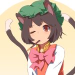  1girl animal_ears bow bowtie brown_eyes brown_hair cat_ears cat_tail chen d@i food green_headwear hat highres long_sleeves looking_at_viewer multiple_tails nekomata one_eye_closed pillow_hat pink_bow pink_bowtie pocky pocky_in_mouth red_vest shirt short_hair tail touhou two_tails vest white_shirt 