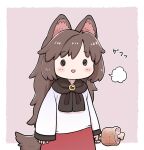  1girl :d =3 animal_ear_fluff animal_ears bangs blush boned_meat border brooch brown_hair chibi dress eyebrows_visible_through_hair food full_body imaizumi_kagerou jewelry long_hair long_sleeves meat open_mouth poronegi simple_background smile solo tail touhou white_border wide_sleeves wolf_ears wolf_tail 