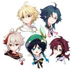  5boys aether_(genshin_impact) ahoge aqua_eyes aqua_hair bead_necklace beads beret black_choker black_hair blonde_hair braid brown_hair choker earrings facial_mark flower forehead_mark genshin_impact gradient_hair green_eyes green_hair green_headwear hat hat_flower highres japanese_clothes jewelry kaedehara_kazuha long_hair looking_at_viewer low_ponytail male_focus mole mole_under_eye multicolored_hair multiple_boys necklace parted_lips red_eyes red_hair scarf shikanoin_heizou short_twintails simple_background single_braid single_earring smile tassel twintails two-tone_hair venti_(genshin_impact) white_background white_hair white_scarf xiao_(genshin_impact) yellow_eyes 