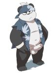  2022 anthro balls belly black_body black_nose clothed clothing erection genitals giant_panda humanoid_genitalia humanoid_penis kemono male mammal navel open_clothing open_shirt open_topwear penis shirt simple_background slightly_chubby solo tekimi topwear ursid white_background white_body 