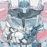  1boy 1girl arcee autobot black_sclera blue_eyes blush colored_sclera holding mecha no_humans optimus_prime science_fiction sketch smile snowman strawberrybit transformers transformers_prime 