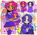  blush chibi closed_mouth dc_comics flower highres jack0ran open_mouth purple_hair raven_(dc) red_hair starfire stuffed_toy teen_titans tunic walking 