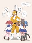  1boy 3girls absurdres animal_ears anna_(aannnaa3) black_eyes black_legwear blue_hair blue_sailor_collar blue_skirt bodysuit boku_no_hero_academia book boots brown_background brown_footwear brown_hair cat_ears cat_girl cat_tail commentary_request from_behind gloves hand_on_own_chin highres holding holding_book kneehighs long_hair long_sleeves multiple_girls pleated_skirt pointing ponytail red_hair sailor_collar satou_rikidou school_uniform serafuku shirt shoes short_hair simple_background skirt speech_bubble standing standing_on_one_leg tail thick_lips translation_request twintails whiskers white_footwear white_gloves white_shirt yellow_bodysuit yellow_mask 