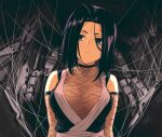  1girl black_choker black_hair blue_eyes breasts choker collarbone detached_sleeves fishnets frown head_tilt highres ishiyumi kougetsu_shinzou_(ishiyumi) looking_at_viewer medium_breasts ninja original solo 