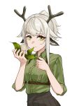  1girl absurdres alternate_costume animal_ears arknights bangs black_skirt closed_mouth collared_shirt deer_antlers deer_ears deer_girl eating eyebrows_behind_hair firewatch_(arknights) food food_request green_eyes green_shirt grey_hair highres holding holding_food jianbingguozi long_hair looking_at_viewer pleated_skirt shirt short_ponytail short_sleeves sidelocks simple_background skirt solo upper_body white_background 