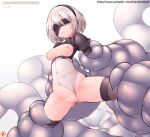  1girl black_blindfold black_legwear black_shirt blindfold breasts breasts_out clothing_aside covered_navel dot_nose facing_viewer leotard leotard_aside medium_breasts mole mole_under_mouth nier_(series) nier_automata nipples parted_lips puffy_sleeves pussy ranken restrained shiny shiny_skin shirt short_hair simple_background solo spread_legs tentacles thighhighs thighs torn_clothes torn_shirt uncensored web_address white_background white_hair white_leotard yorha_no._2_type_b 