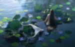  1girl artist_name black_hair day facing_away from_behind highres lake lily_pad long_hair mermaid monster_girl nature nude original partially_submerged scales scenery solo straight_hair toraji very_long_hair water_lily_flower 