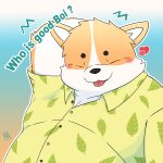  &lt;3 2022 absurd_res anthro belly big_belly black_nose blush canid canine canis clothing domestic_dog english_text eyes_closed herding_dog hi_res kemono male mammal overweight overweight_male pastoral_dog shirt solo text tongue tongue_out topwear tsukikuma0808 welsh_corgi 