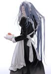  1boy alternate_costume apron black_dress cake cake_slice closed_eyes denpa0304 dress enmaided food frilled_apron frills from_behind fruit grey_hair hair_flip hand_in_own_hair highres holding holding_plate juliet_sleeves long_hair long_sleeves maid maid_apron maid_headdress male_focus parted_lips plate puffy_sleeves simple_background solo standing strawberry the_legend_of_luo_xiaohei very_long_hair waist_apron white_apron white_background 
