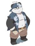  2022 anthro belly black_body black_nose bottomwear clothed clothing giant_panda kemono male mammal navel open_clothing open_shirt open_topwear shirt shorts simple_background slightly_chubby solo tekimi topwear ursid white_background white_body 