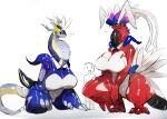  2022 anthro big_breasts breasts claws clothed clothing dragon female hi_res koraidon legendary_pok&eacute;mon menyang miraidon nintendo pok&eacute;mon pok&eacute;mon_(species) simple_background video_games white_background 