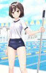  1girl absurdres black_buruma black_hair blue_sky buruma cloud commentary_request day fantia_commission feet_out_of_frame grin gym_shirt gym_uniform hairband highres kantai_collection lane_line looking_at_viewer mop outdoors pool shirt short_hair sky smile solo string_of_flags t-shirt takafumi tanikaze_(kancolle) upper_body white_hairband white_shirt yellow_eyes 