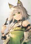  1girl absurdres animal_ear_fluff animal_ears arknights bangs bare_shoulders breasts buckle cat_ears closed_mouth coat collar collarbone dress eyebrows_visible_through_hair green_dress green_eyes grey_background grey_hair halter_dress halterneck highres holding holding_syringe jewelry kal&#039;tsit_(arknights) long_sleeves looking_at_viewer mazel_(mazel_star) off_shoulder open_clothes open_coat oripathy_lesion_(arknights) ring short_hair simple_background small_breasts solo stethoscope syringe upper_body watch white_coat wristwatch 