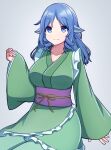  1girl animal_ears blue_eyes blue_hair breasts cleavage collarbone drill_locks grey_background hashi2387 head_fins highres japanese_clothes kimono large_breasts long_hair long_sleeves looking_at_viewer mermaid monster_girl obi sash sleeves_past_wrists smile solo touhou wakasagihime wide_sleeves 
