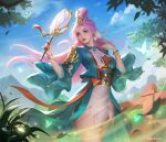  1girl bracelet breasts bug butterfly chinese_clothes cleavage dark_duck day flower hair_flower hair_ornament highres jewelry large_breasts leaf lips long_hair outdoors parted_lips pink_hair purple_eyes romance_of_the_three_kingdoms solo standing wind 